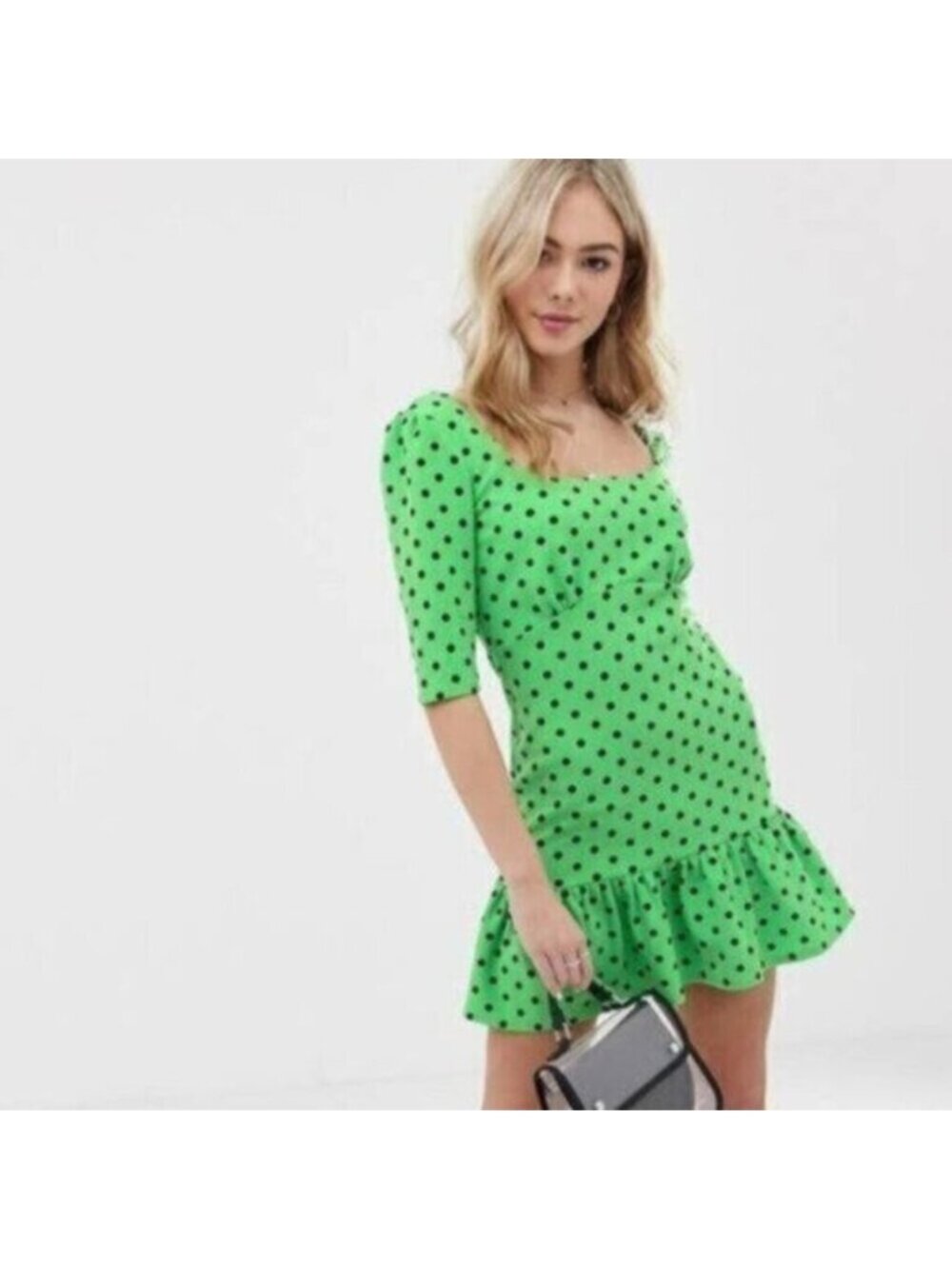 NWT ASOS | Green & Black Ruffle Polka Dot Mini Dress Size 8